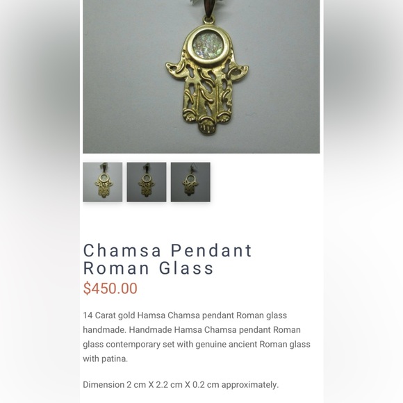 Handmade 14K gold Hamsa pendant set w/ genuine ancient Roman glass with patina. - Picture 4 of 4